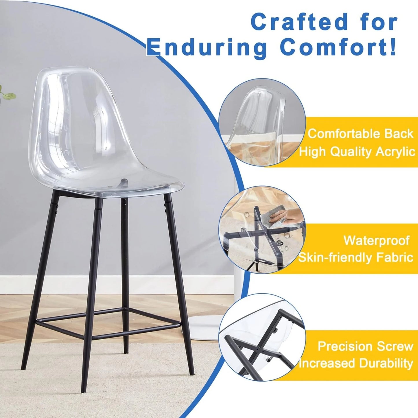 SUDICA Indoor Counter Height Bar Stool Set of 4, Transparent Plastic Seats, Black Legs