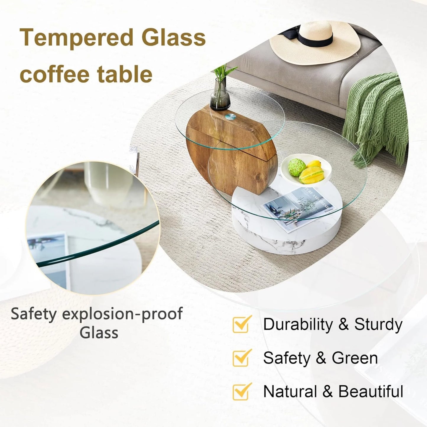 Sudica Modern Round Glass Coffee Table with Dark Wood and White Marble Base