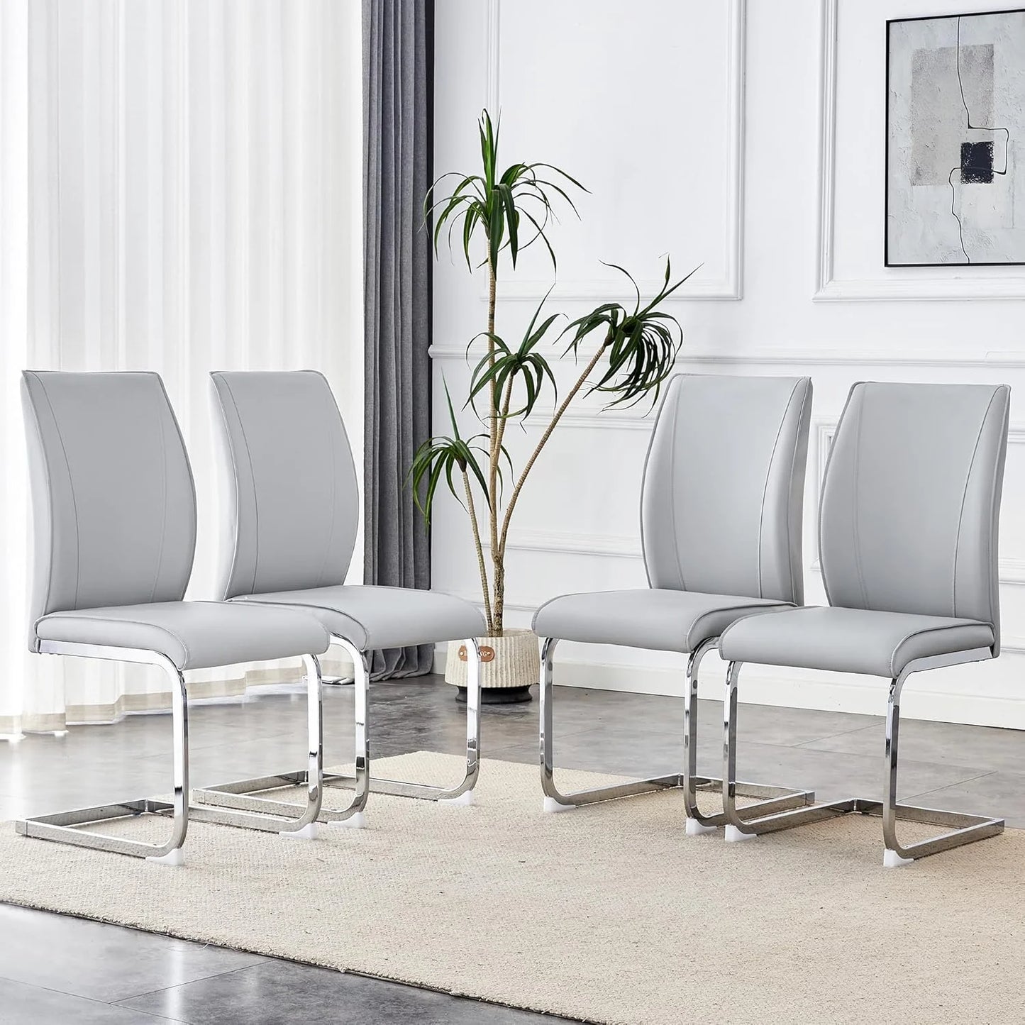 Sudica Modern Dining Chairs Set of 4, Light Grey PU Leather, High Back Upholstered, Kitchen/Living Room