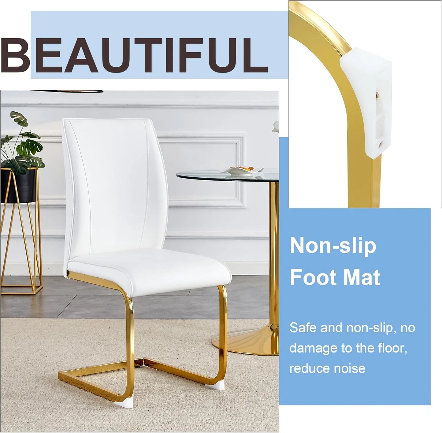 SUDICA Dining Chairs Set of 4, White PU Leather High Back Armless with Gold Legs