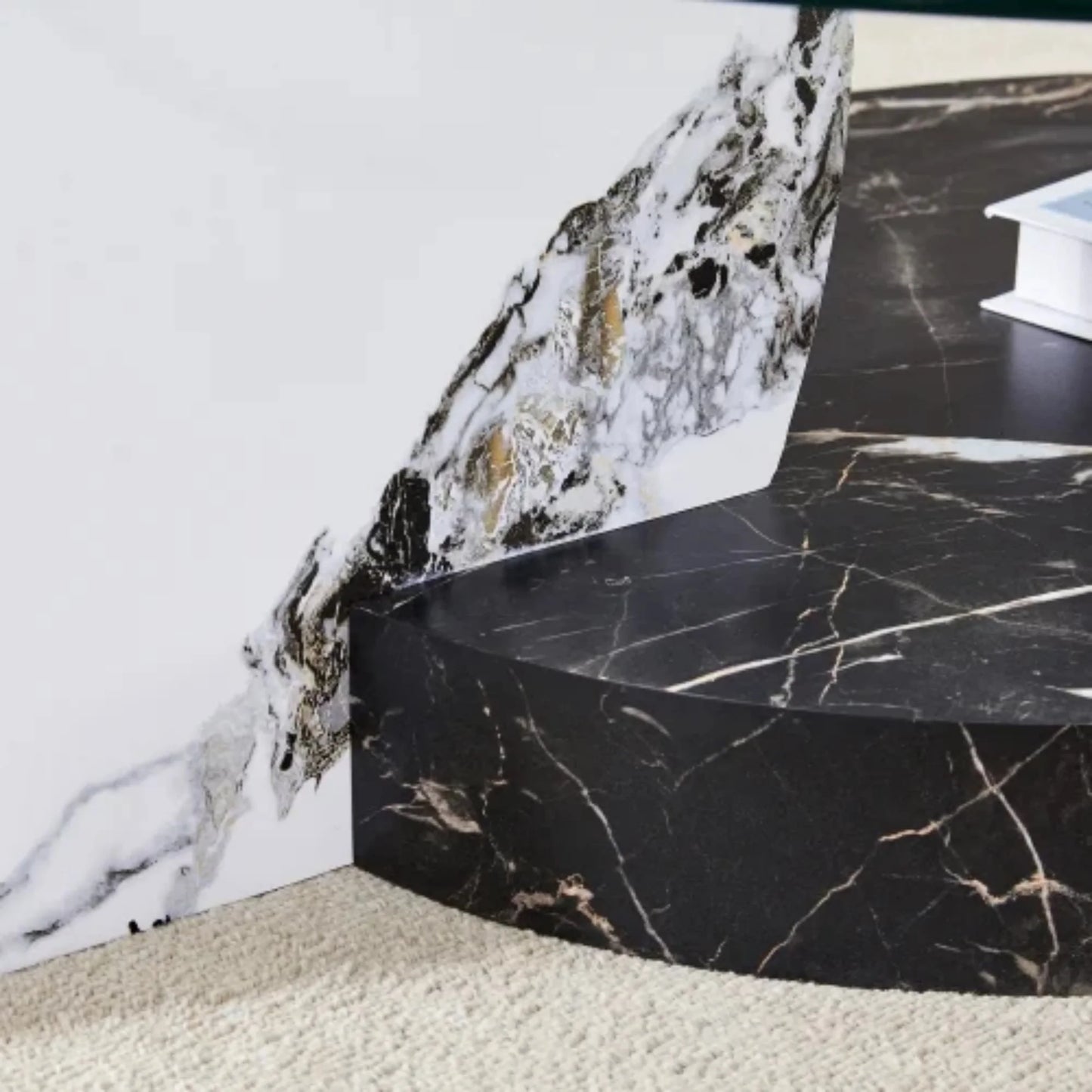 Sudica Modern Coffee Table with Double-layer Round Glass Tabletop47" Tea Table with White and Black Faux Marble Patterned Base,Center Table for Living Room