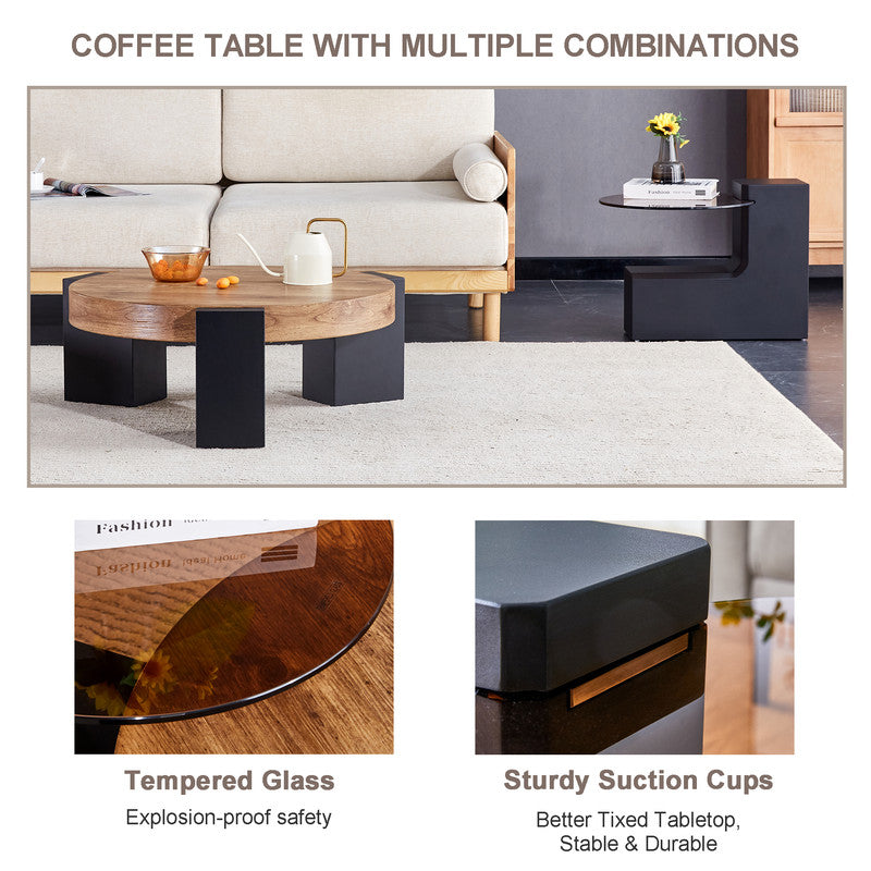 Sudica Detachable Double-decker Coffee Table,30 inch Round Tea Table with Black Faux Marble Tabletop,Center Table for Living Room