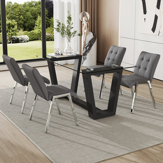 63" Glass Dining Table Set for 4, Sudica Black Legs Kitchen Table Set with Upholstered Faux Leather Dining Room Chairs, Gray