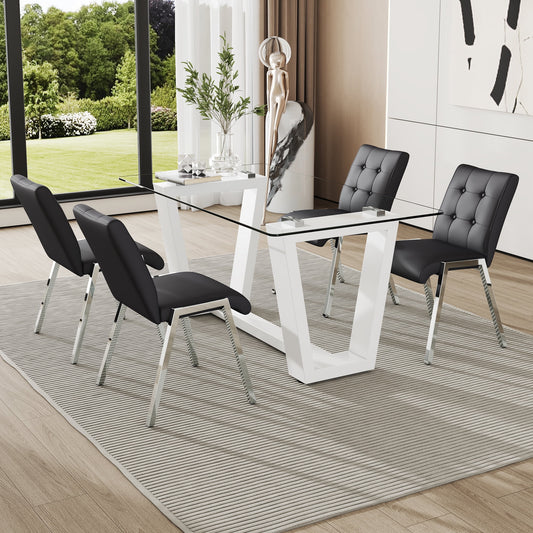 63" Glass Dining Table Set for 4, Sudica White Legs Kitchen Table Set with Upholstered Faux Leather Dining Room Chairs, Black