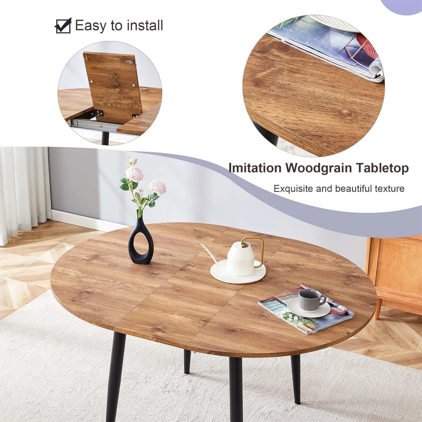 Extendable Kitchen Table, Modern Farmhouse Dining Table, Extendable Dining Room Table, Expandable Conference Table, Round Mid-Century Modern Dining Table, for Small Space, Dining Room (Wood)
