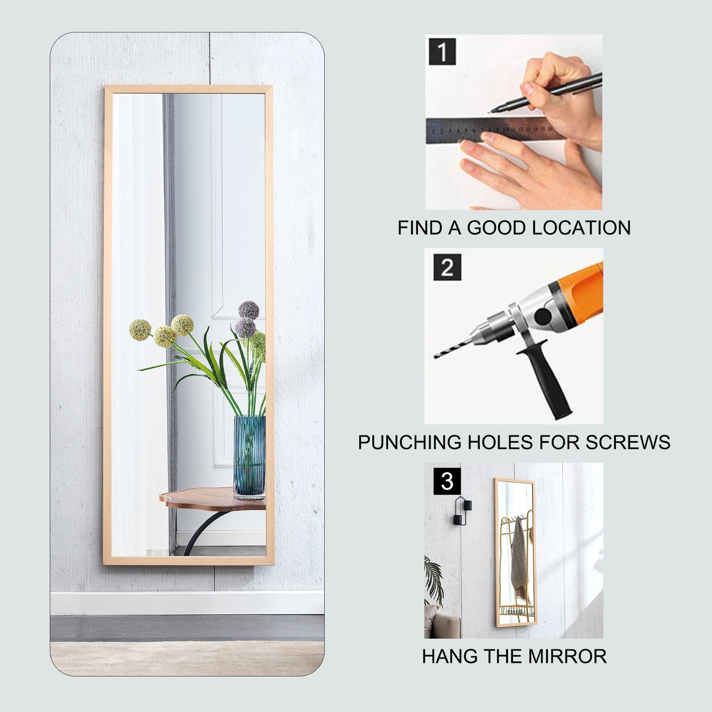 Wood Floor Mirror, 65"x 23" Sudica Thick Wooden Frame Full Body Mirror with Stand, Wall Mirror for Living Room, Wood