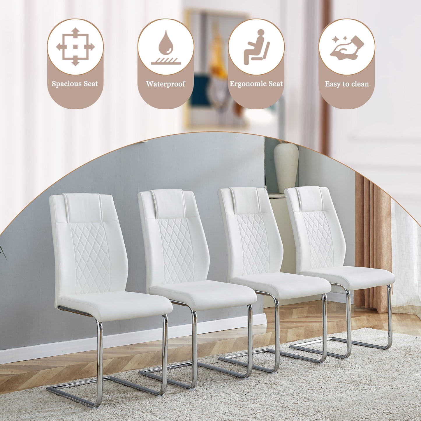 Sudica Dining Table Set with 6 Leather Dining Room Chairs, 63" Large Rectangular Marble Dining Table and Chairs Set,White