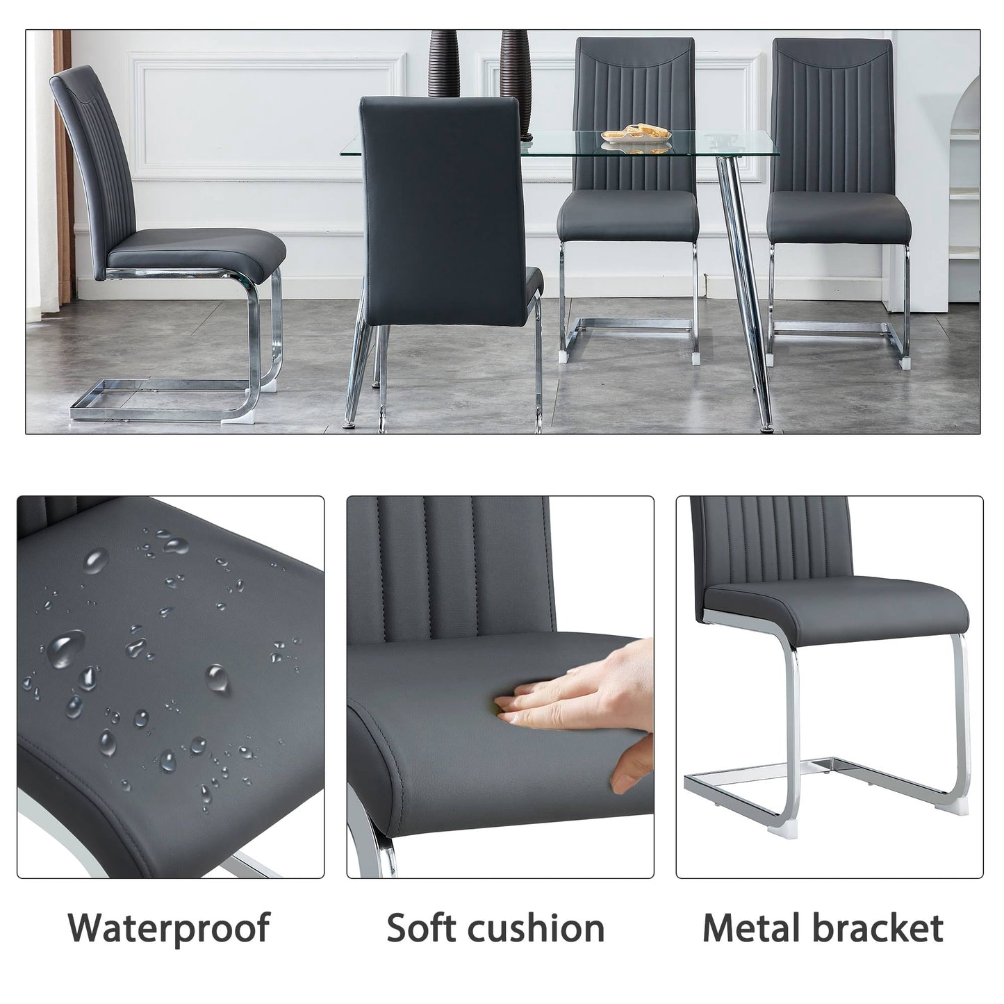 Sudica High Back Dining Chairs Set of 2 Upholstered PU Leather Dining Room Chair with Metal Legs for Home Kitchen, Gray