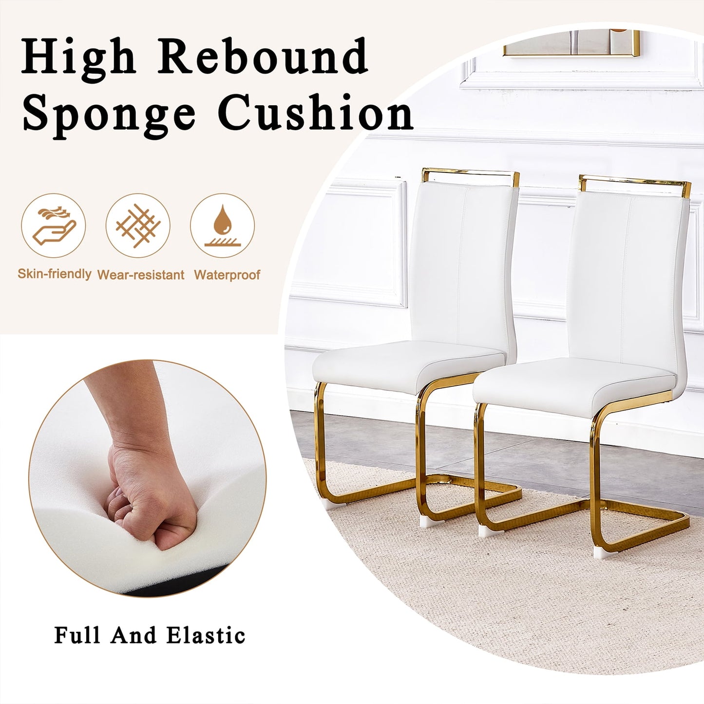 5-Piece Dining Table Set, Sudica Rectangular Faux Marble Kitchen Table with 4 Leather Gold Legs Dining Chairs, White