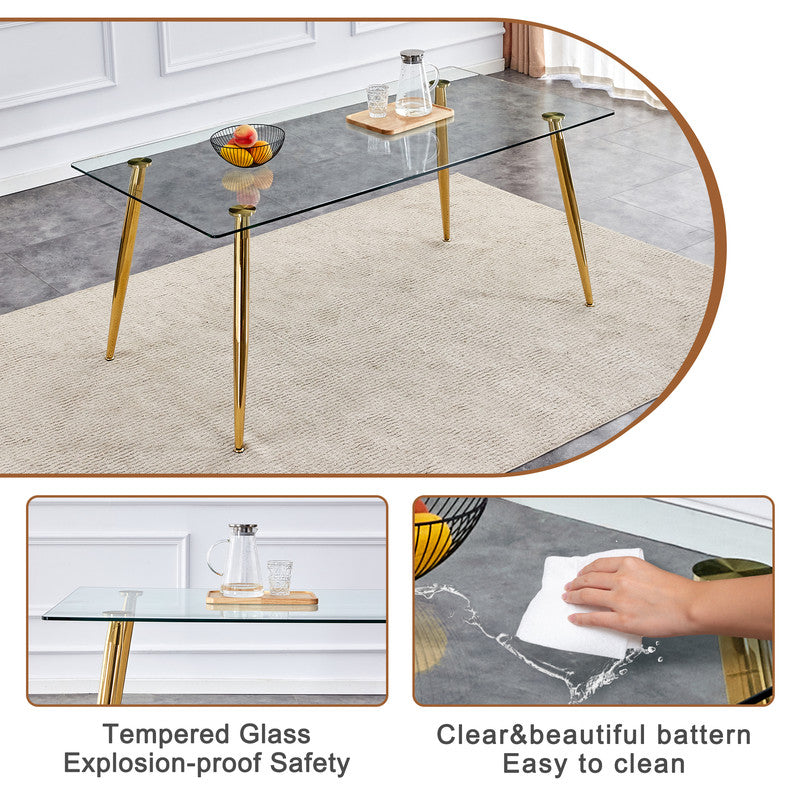 Tempered Glass Dining Table for 6, Sudica 71 inch Modern Rectangular Glass Kitchen Table with 4 Silver Plating Metal Legs