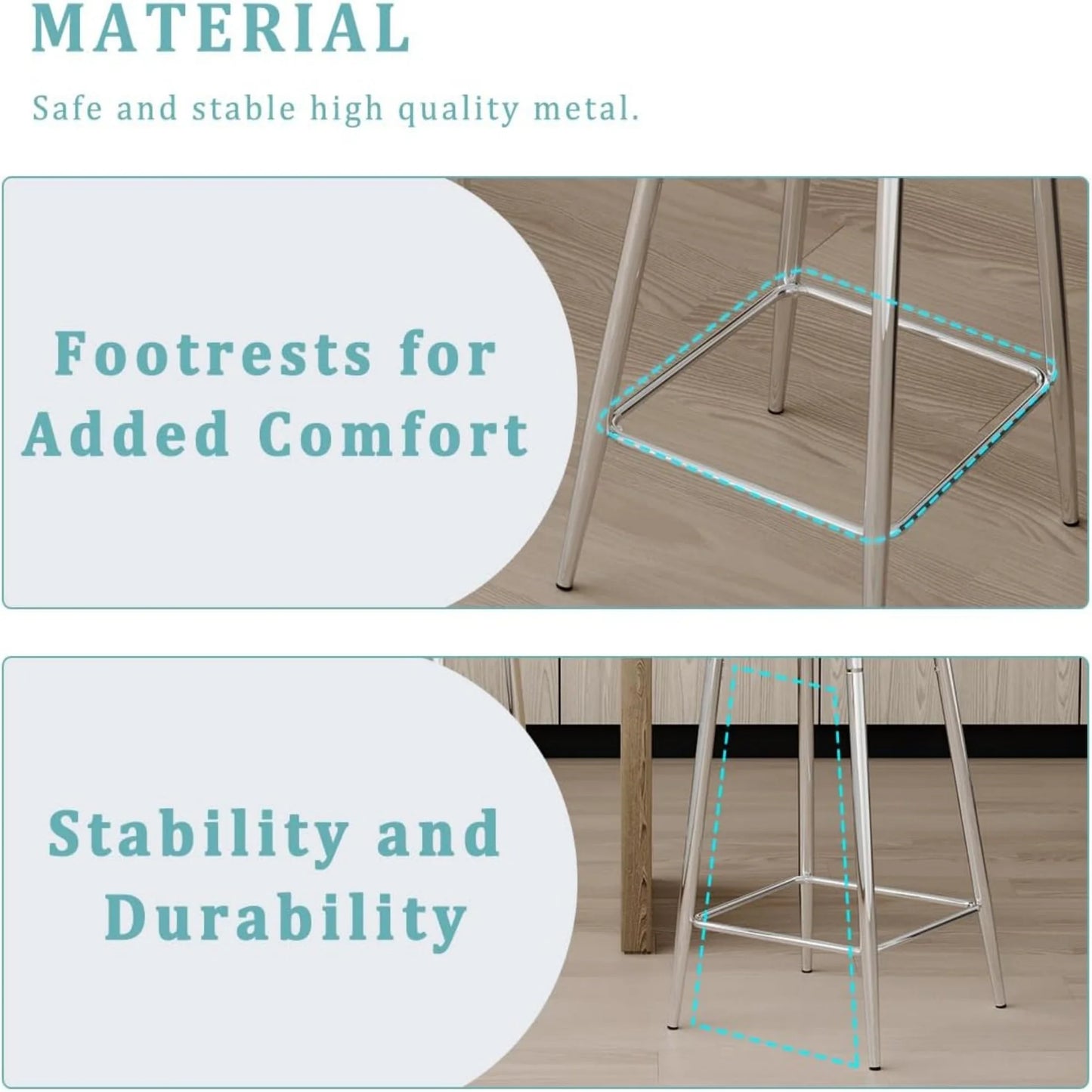 SUDICA Kitchen Island Counter Height Bar Stools Set of 2, Clear PET Seats, Silver Legs