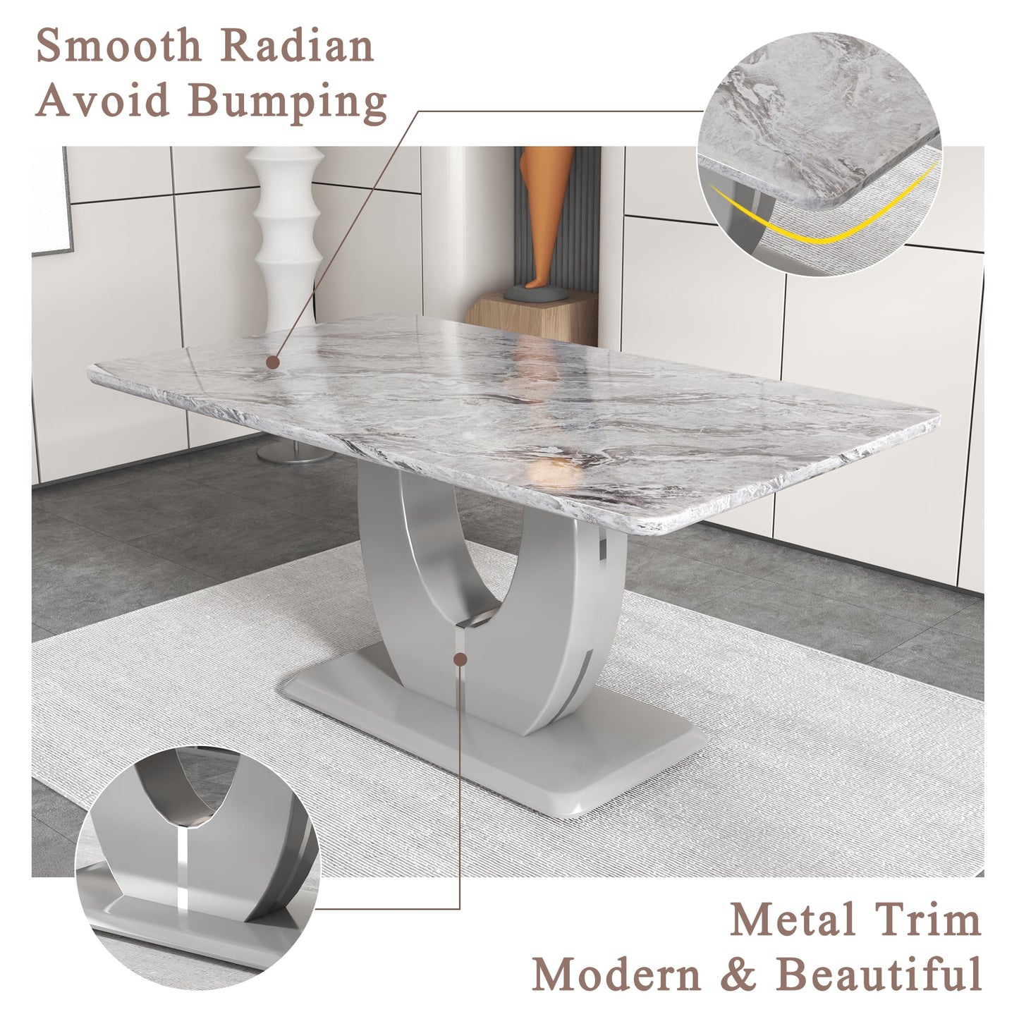 Sudica Dining Table Set with 6 Leather Dining Room Chairs, 63" Large Rectangular Marble Dining Table and Chairs Set,White