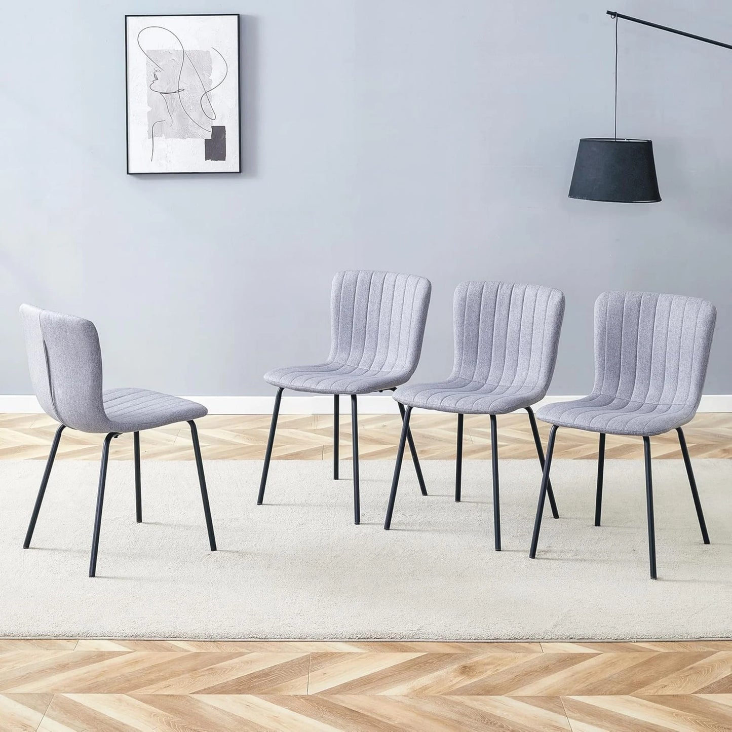 Sudica Dining Chairs Set of 4, Mid-Century Modern Upholstered Retro Linen Chairs with Walnut Bentwood Back and Metal Legs Adjustable Feet for Kitchen Dining Room, Gray Vertical Stripes Linen