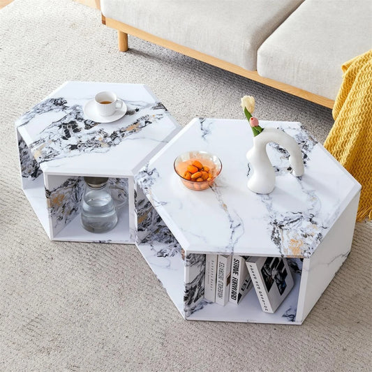 Faux Marble Coffee Table with Storage, Geometric Living Room Table