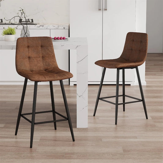 SUDICA 24.4" Counter Height Bar Stools, Brown PU Leather, Metal Legs, Set of 2