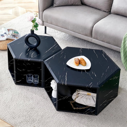 Faux Marble Coffee Table with Storage, Geometric Living Room Table