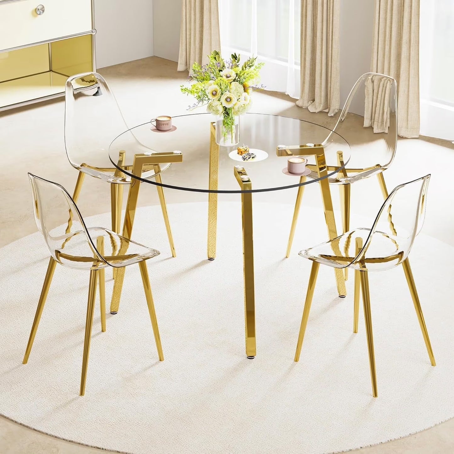 5 Pieces Dining Table Set,Glass Dining Table with 4 Crystal Plastic Dining Chairs, Modern Table and Chairs for Dining Room and Kitchen (Golden)