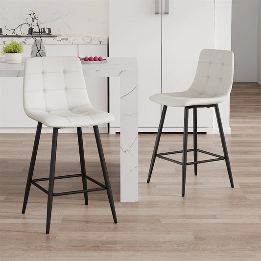 SUDICA 24.4" Counter Height Bar Stools, White PU Leather, Metal Legs, Set of 2