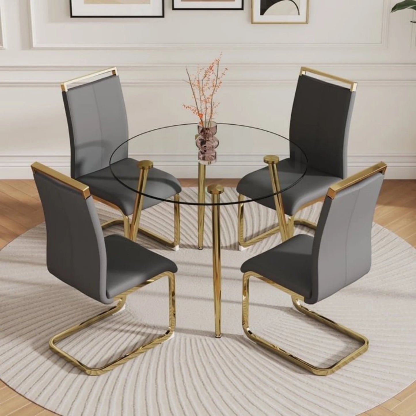 Sudica Round Dining Table Set for 4, 40in Tempered Glass Top, Grey PU Chairs & Gold Legs