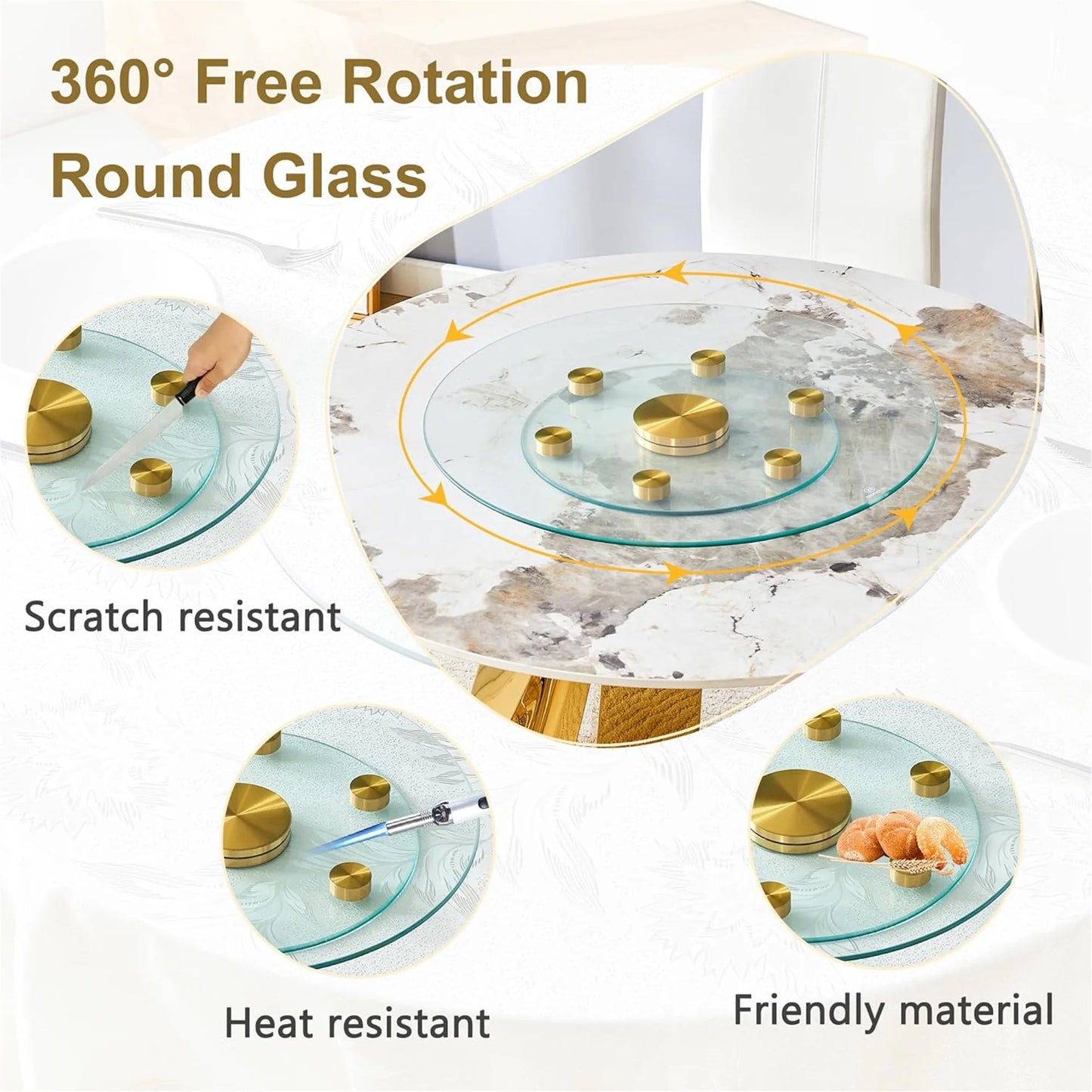 SUDICA 24" Transparent Tempered Glass Lazy Susan Turntable with Gold Base, Large Rotating Dining Table Top