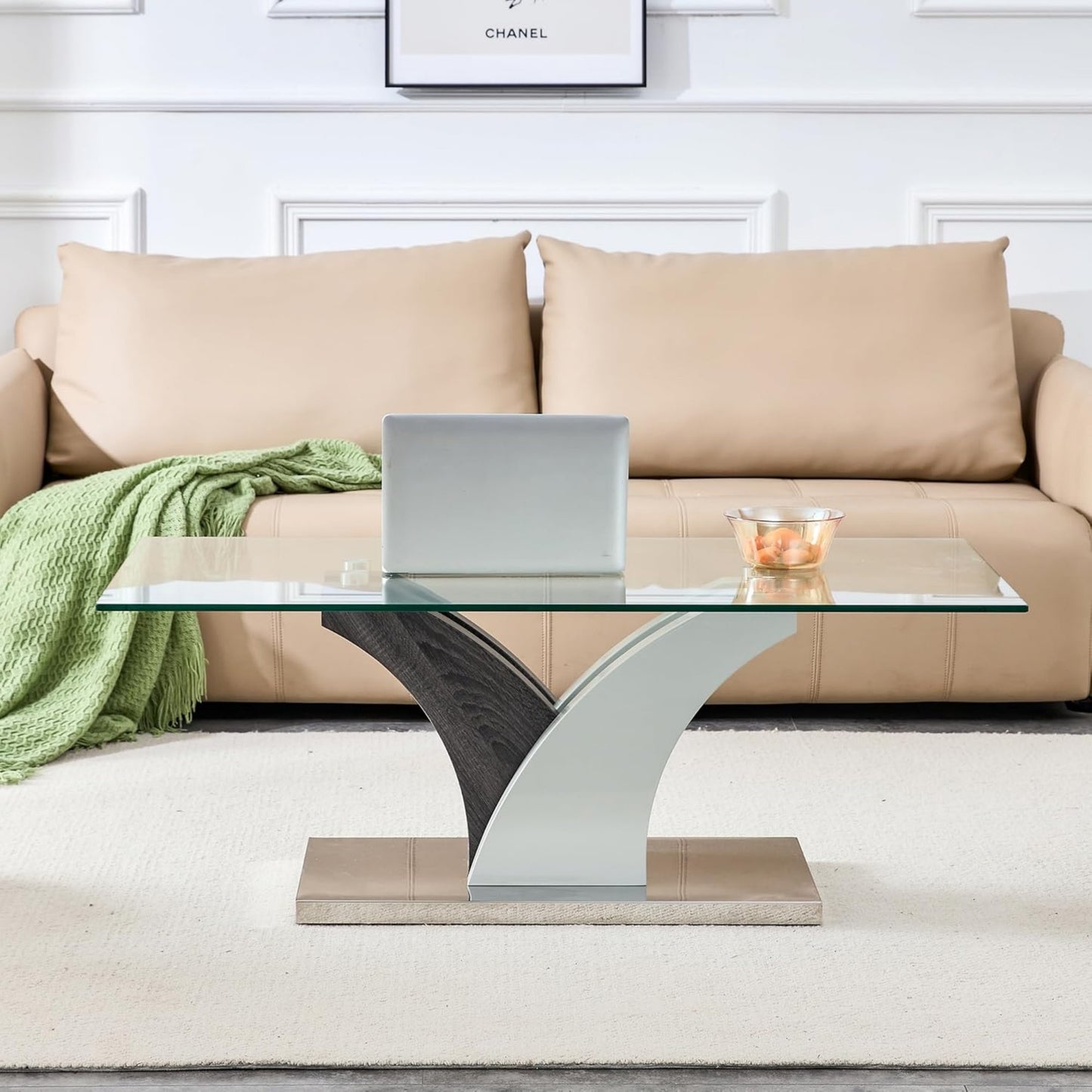 SUDICA Glass Coffee Table, 47" Tempered Clear Top, Modern MDF Base, for Living Room