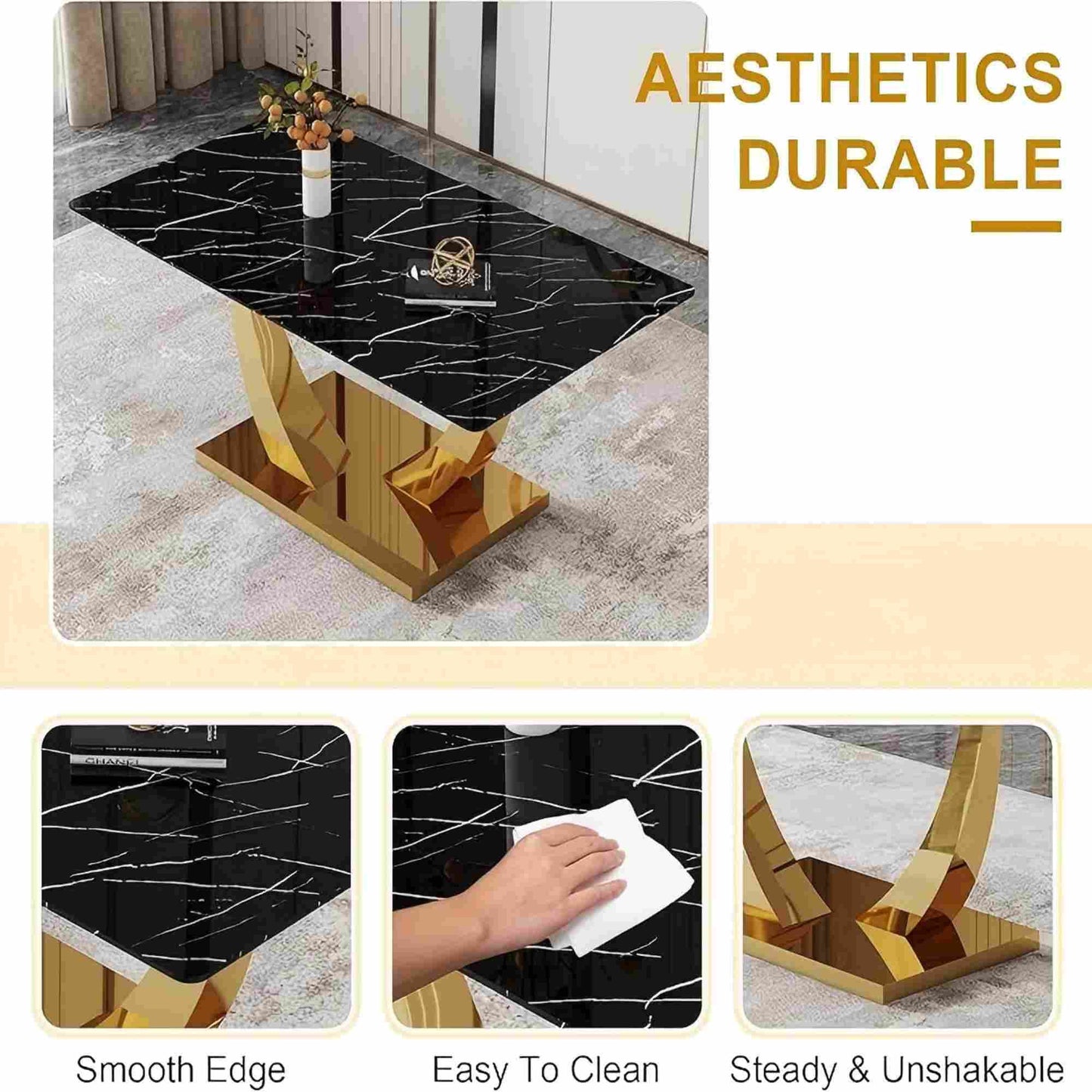 SUDICA Dining Table Set Black Glass Top Gold Base Faux Leather Chairs for Dinner Room, 5 Piece