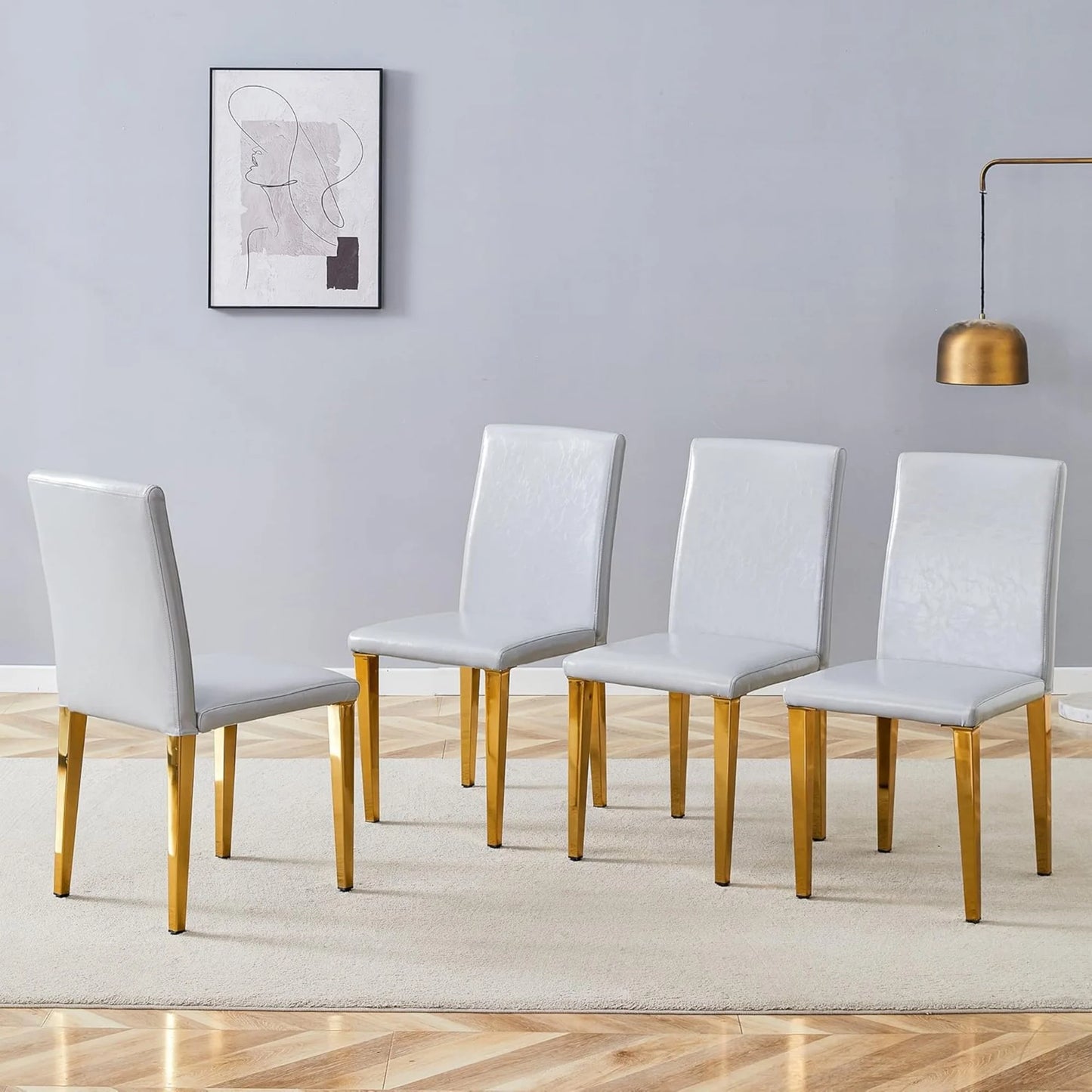 SUDICA Gray Faux Leather Dining Chairs Set of 4, Gold Metal Legs for Kitchen & Dining Room