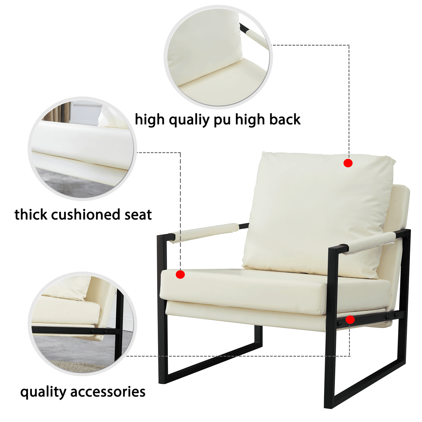Mid-Century Accent Chair Metal Frame Faux Leather Reading Arm Chair for Living Room and Bedroom, White