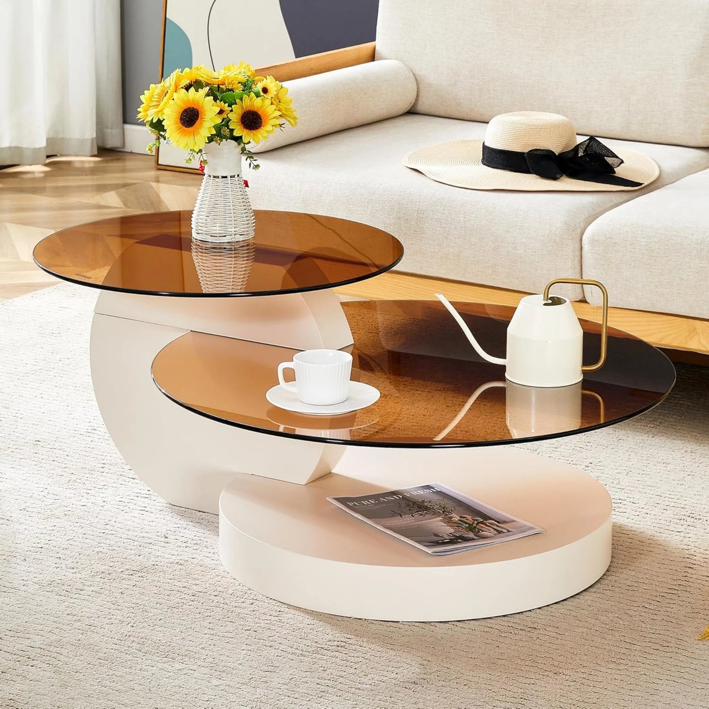 Sudica Modern Coffee Table with Double-layer Round Glass Tabletop 42" Tea Table with Brown Glass and White Faux Marble Patterned Base,Center Table for Living Room
