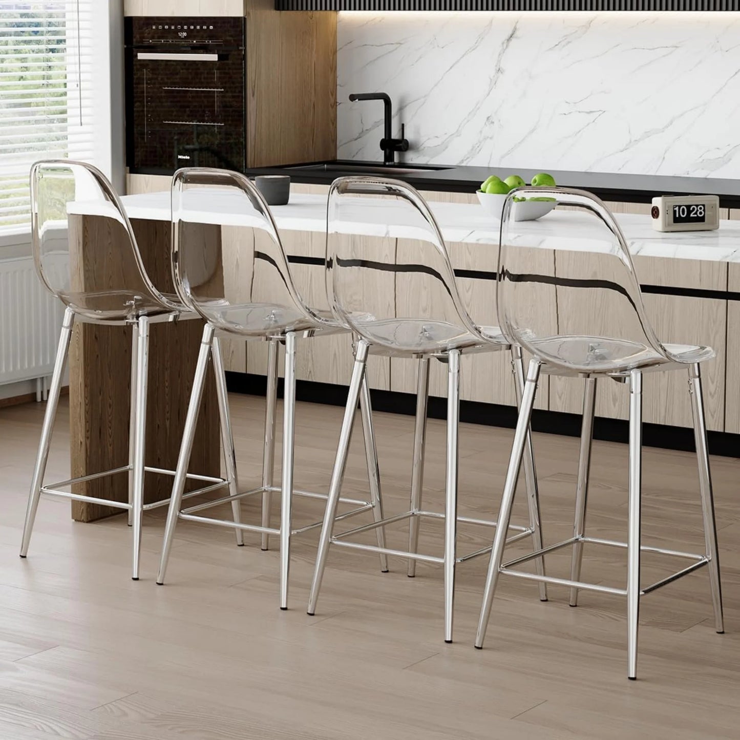 SUDICA Counter Height Bar Stools Set of 4, Clear PET Seats, Silver Metal Legs