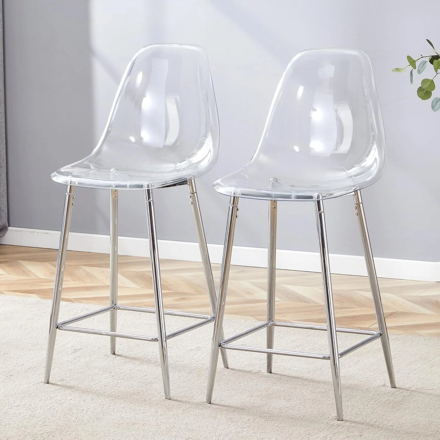 SUDICA Kitchen Island Counter Height Bar Stools Set of 2, Clear PET Seats, Silver Legs