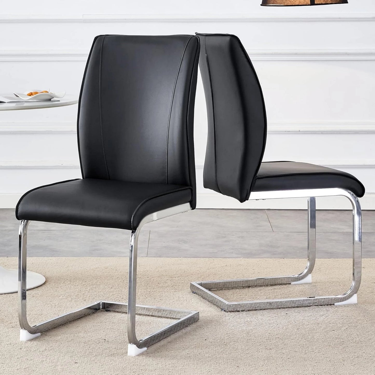 SUDICA Dining Room Chairs, Black Faux Leather High Back, Chrome Metal Legs, Set of 4