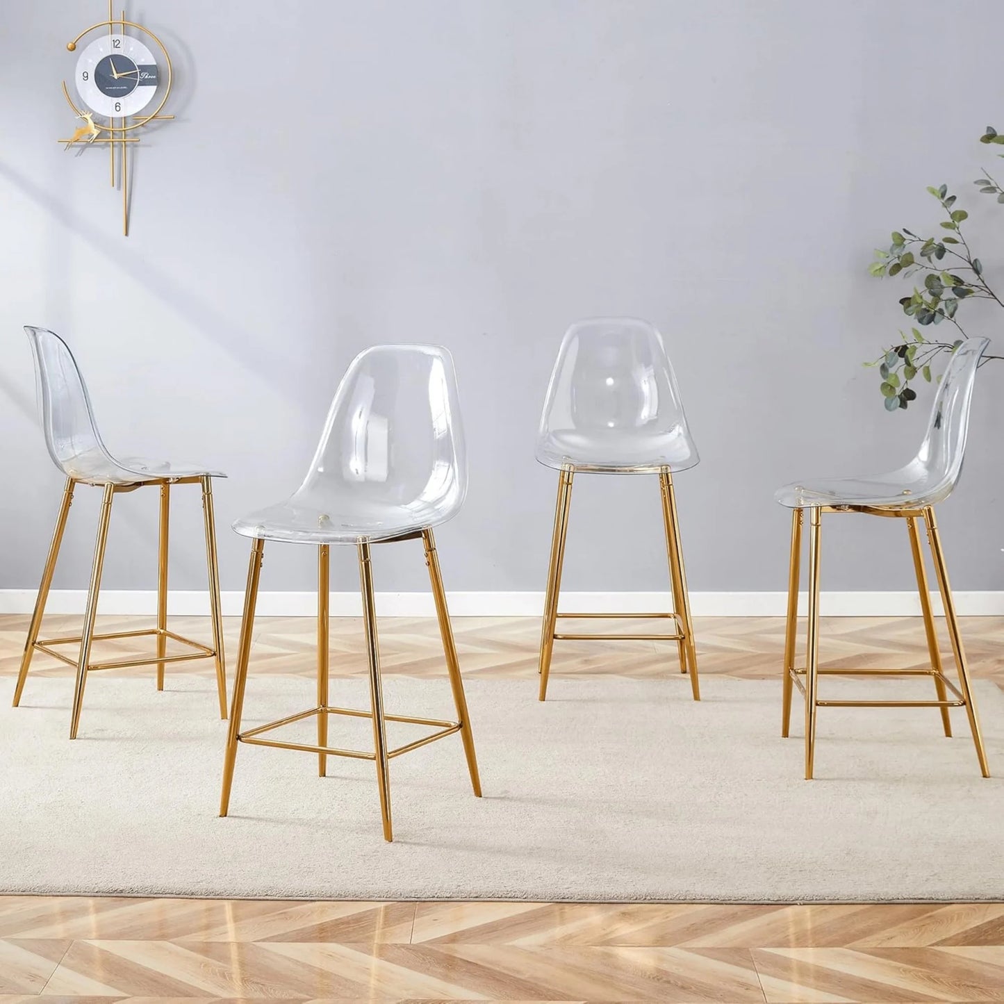 SUDICA Counter Height Bar Stools Set of 4, Clear Acrylic Seats, Gold Metal Legs, Indoor