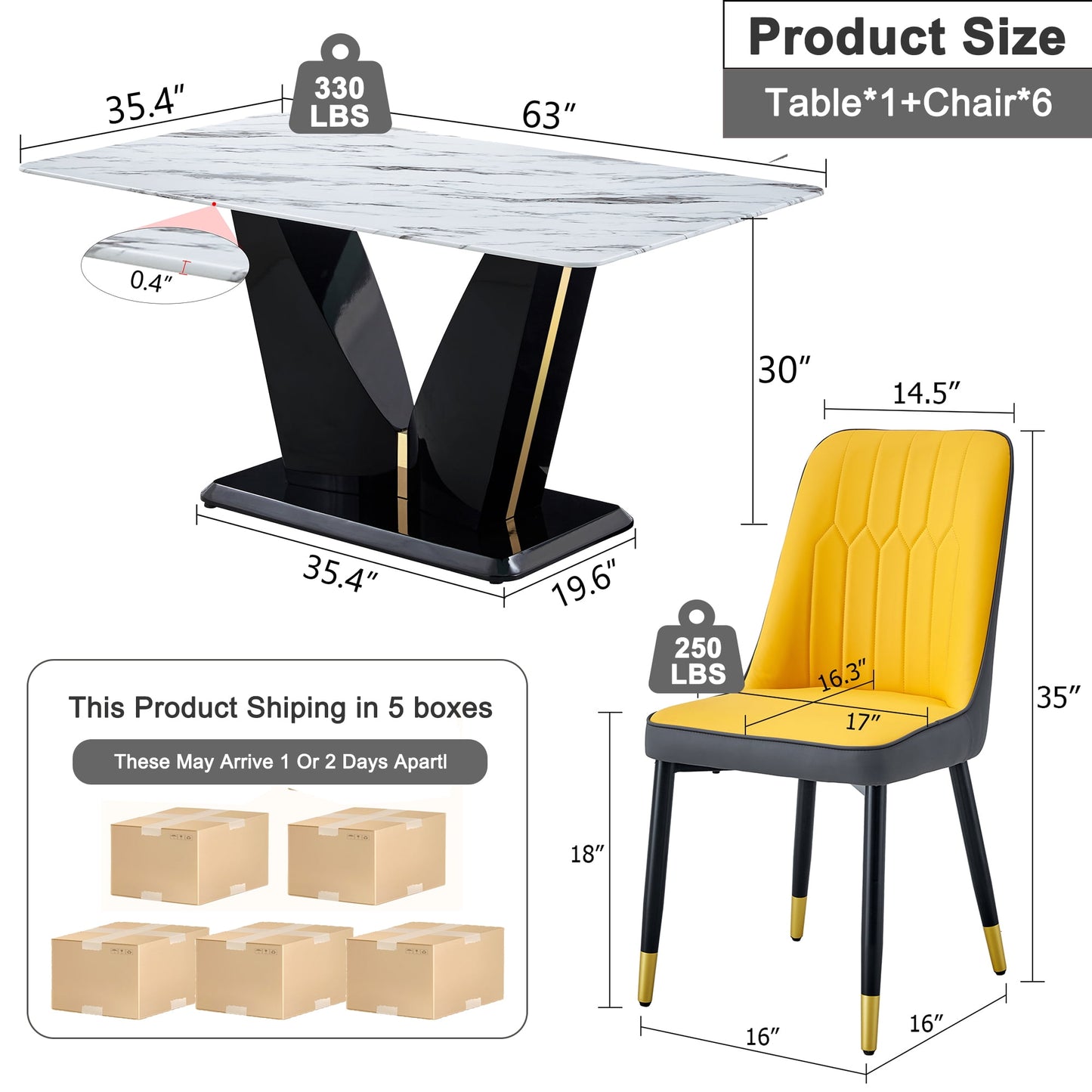 Sudica 63" Dining Table Set 7-Piece Marble Rectangular Kitchen Table & 6 Faux Leather Padded Dining Chair Set, Yellow
