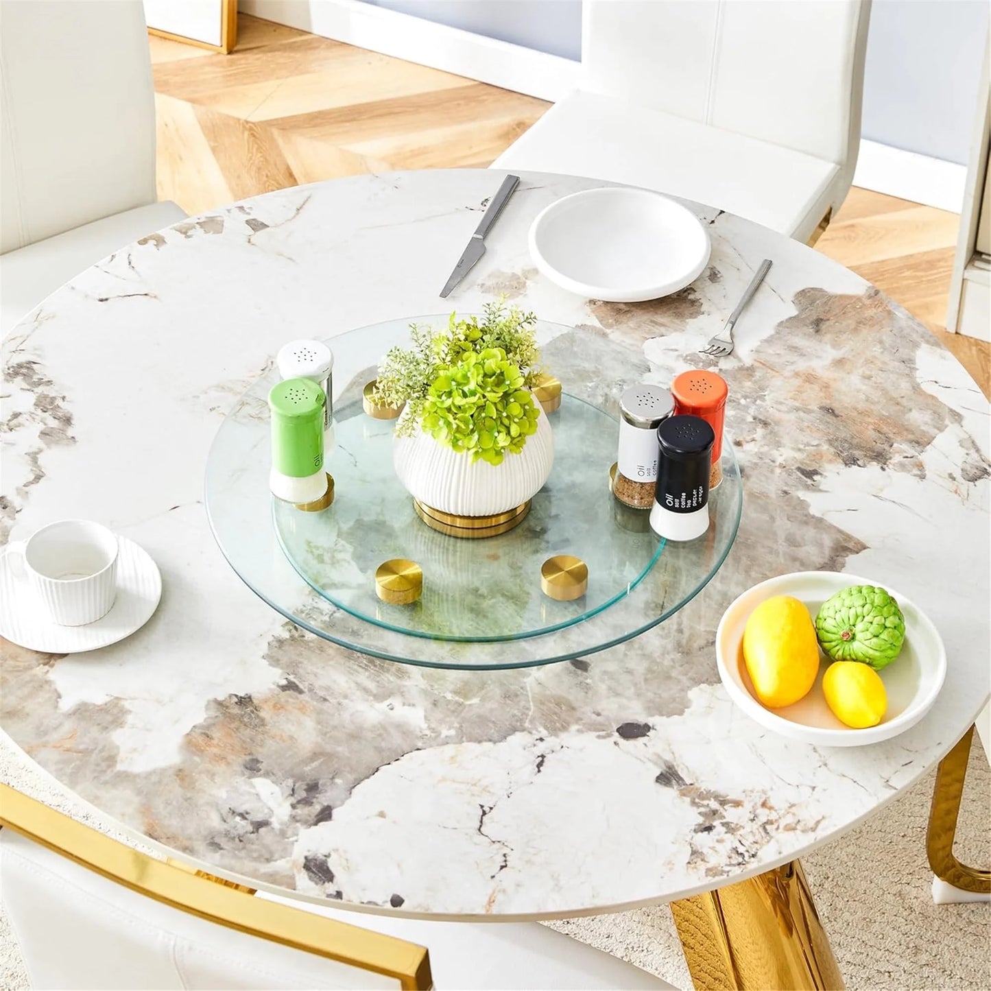 SUDICA 20" Transparent Tempered Glass Lazy Susan Turntable with Gold Base, Double Layer Dining Table Top