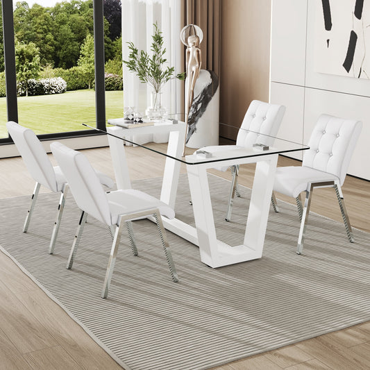63" Glass Dining Table Set for 4, Sudica White Legs Kitchen Table Set with Upholstered Faux Leather Dining Room Chairs, White