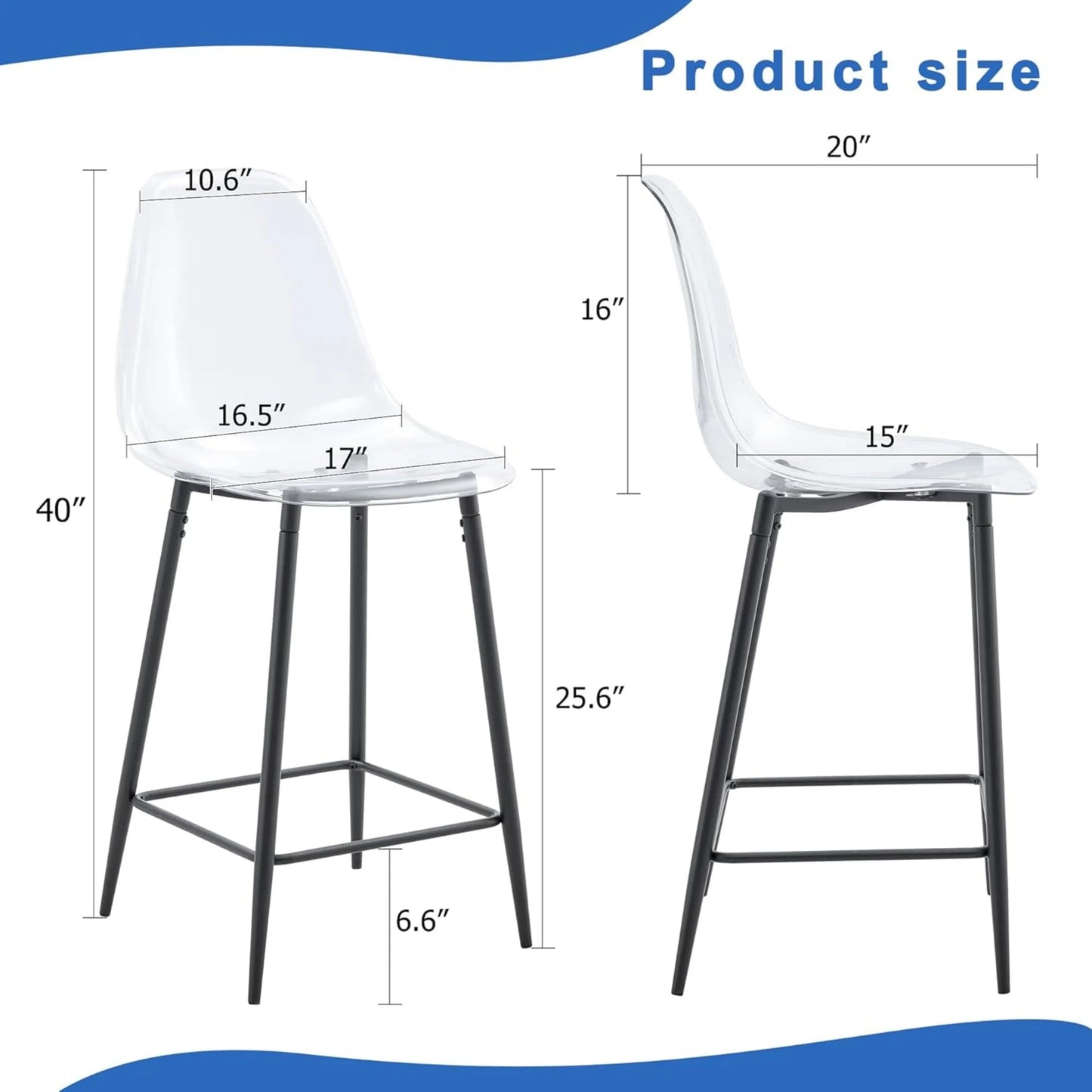 SUDICA Indoor Counter Height Bar Stool Set of 4, Transparent Plastic Seats, Black Legs