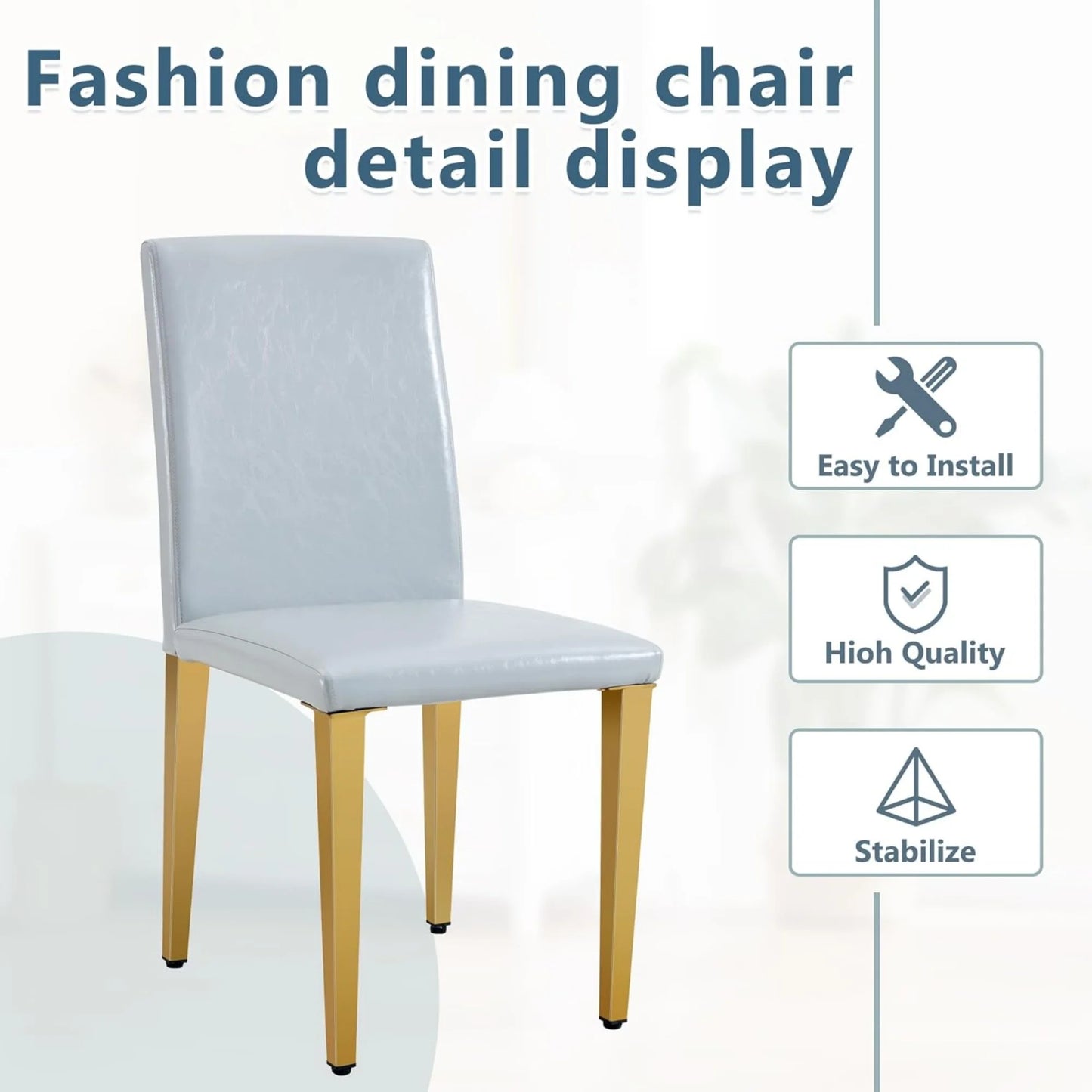 SUDICA Gray Faux Leather Dining Chairs Set of 4, Gold Metal Legs for Kitchen & Dining Room