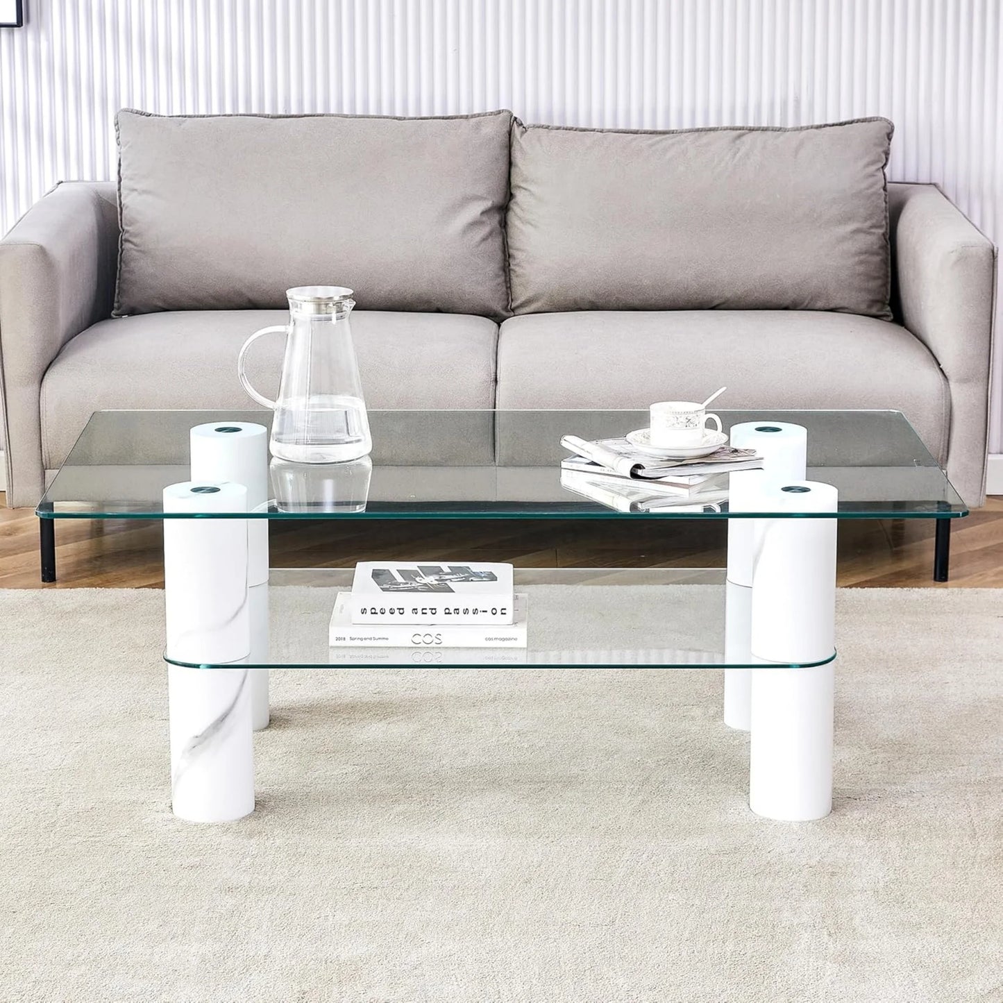 Modern Minimalist Double Layered Transparent Tempered Glass Coffee Table,47" Sudica Rectangular Tea Table with White Legs