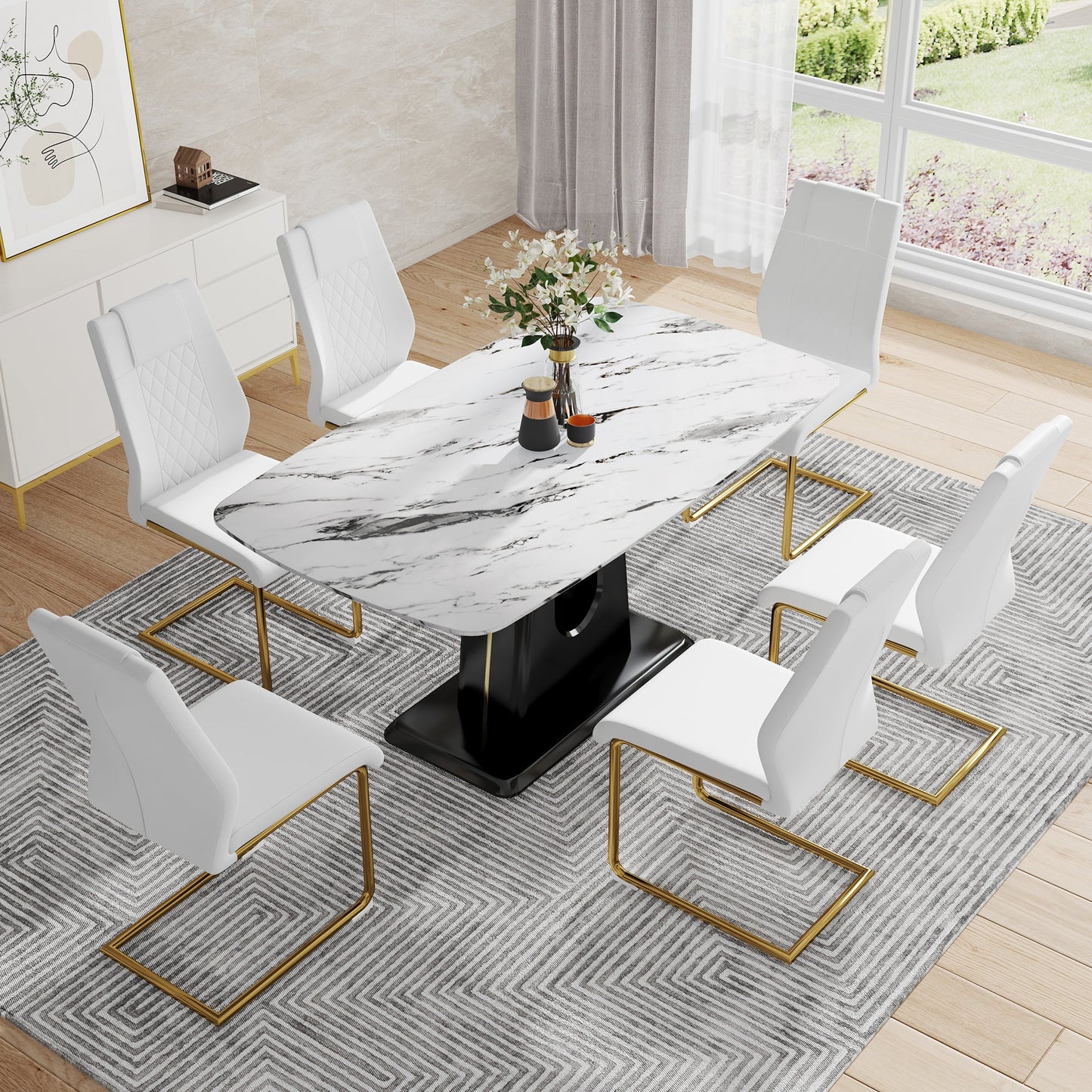 SUDICA 7 Piece Modern Dining Table Set, Faux Marble MDF Table, Stain Resistant White Chairs