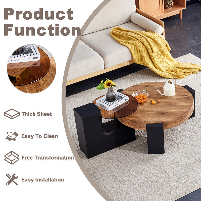 Sudica Detachable Double-decker Coffee Table,30 inch Round Tea Table with Black Faux Marble Tabletop,Center Table for Living Room