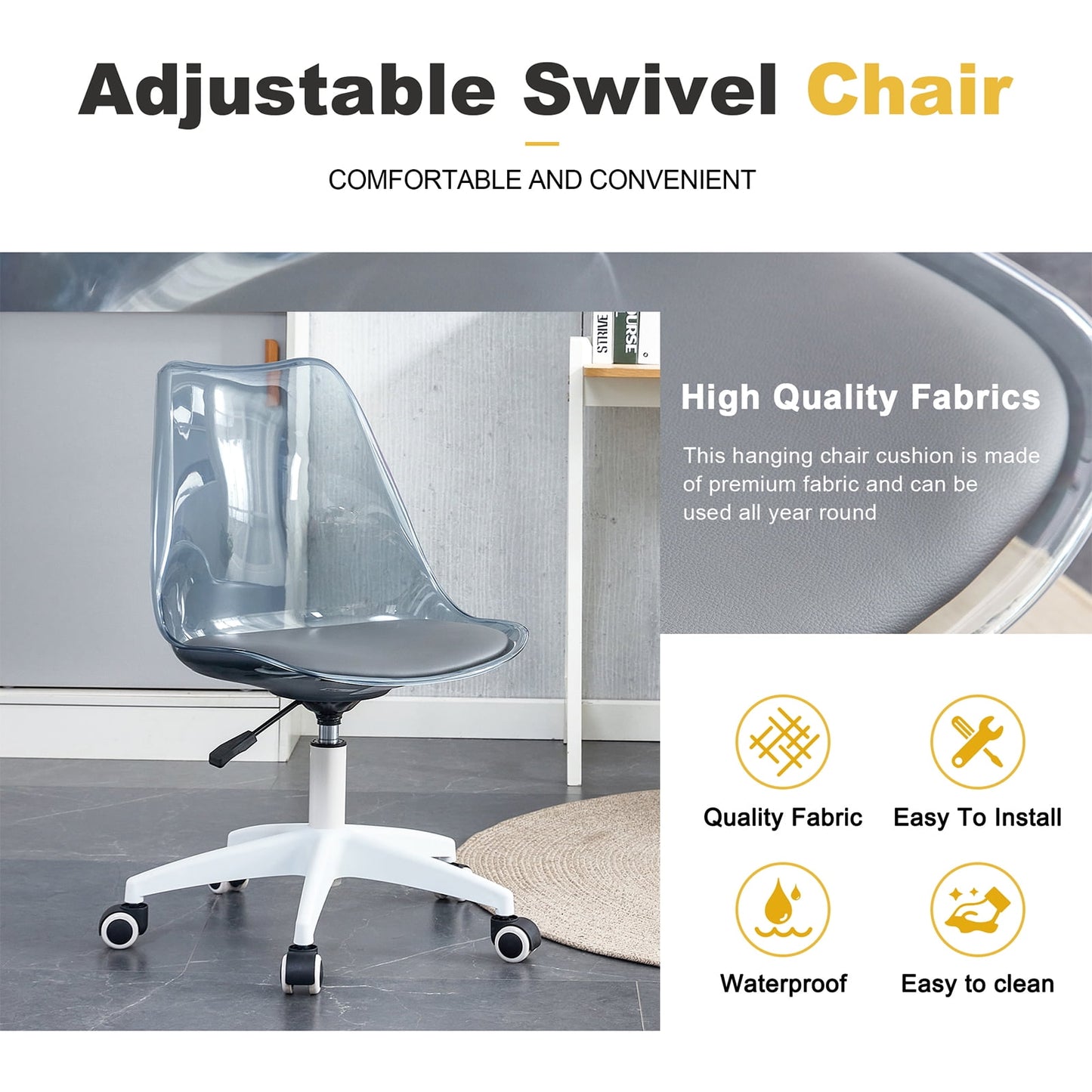 Sudica Acrylic Office Chair with PU Padded Seat Clear Rolling Desk Chair for Bedroom, Gray