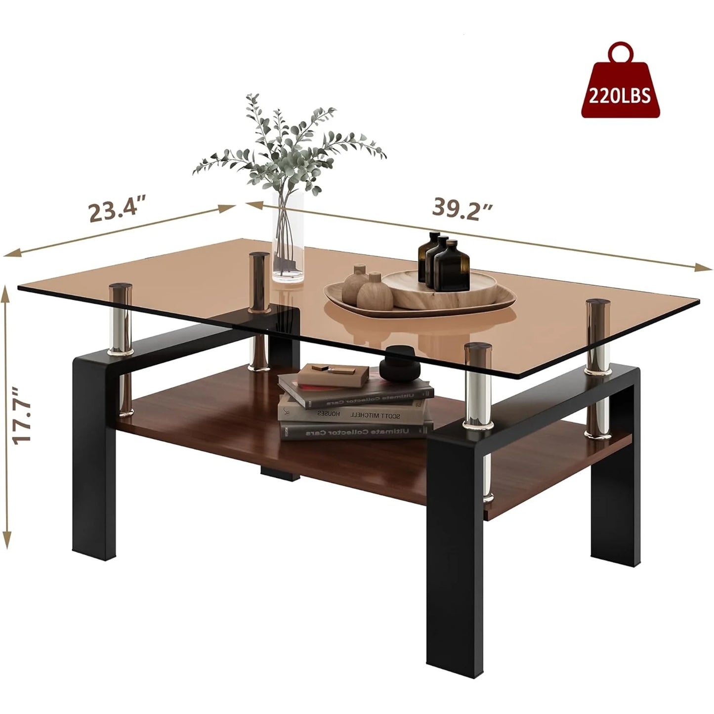 Glass Coffee Table Rectangle Living Room Center Table with Storage, Clear Tempered Glass Tabletop and Smoke Grey Leg,for Living Room and Office (Clear Smoke),Brown
