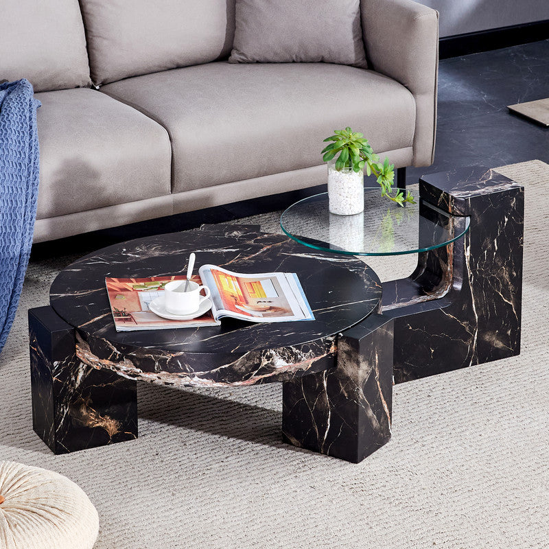 Sudica Detachable Double-decker Coffee Table,30 inch Round Tea Table with Black Faux Marble Base,Center Table for Living Room