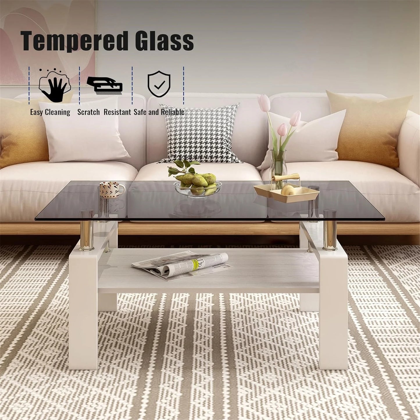 Glass Coffee Table Rectangle Living Room Center Table with Storage, Clear Tempered Glass Tabletop and Smoke Grey Leg,for Living Room and Office (Clear Smoke),Gray white