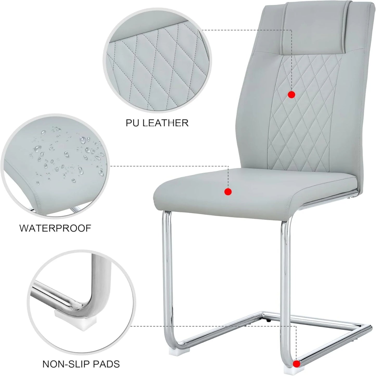 Sudica Upholstered Dining Chairs Set of 6 PU Leather Dining Room Chair with Silver Metal Legs,Light Gray