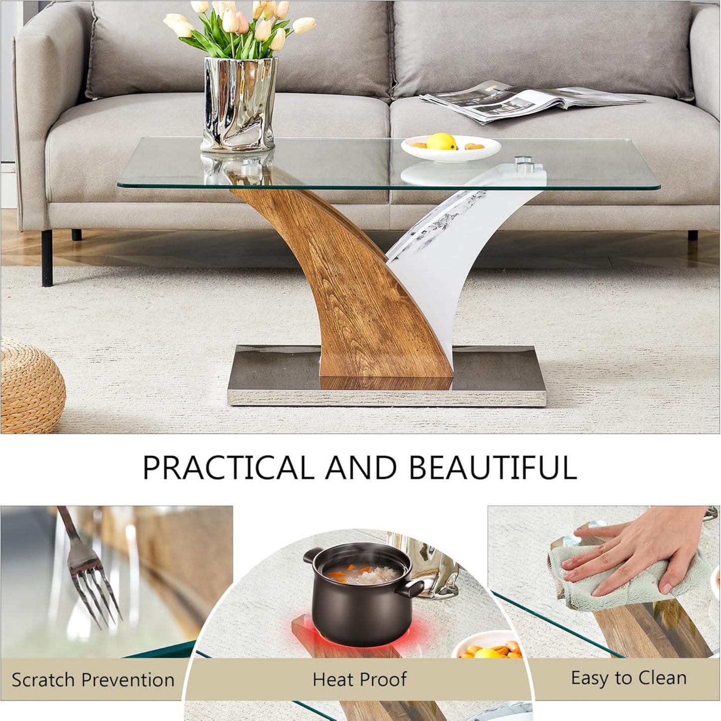 SUDICA Glass Coffee Table, 39.4" Tempered Top, Marble & Wood Grain MDF Base, for Living Room