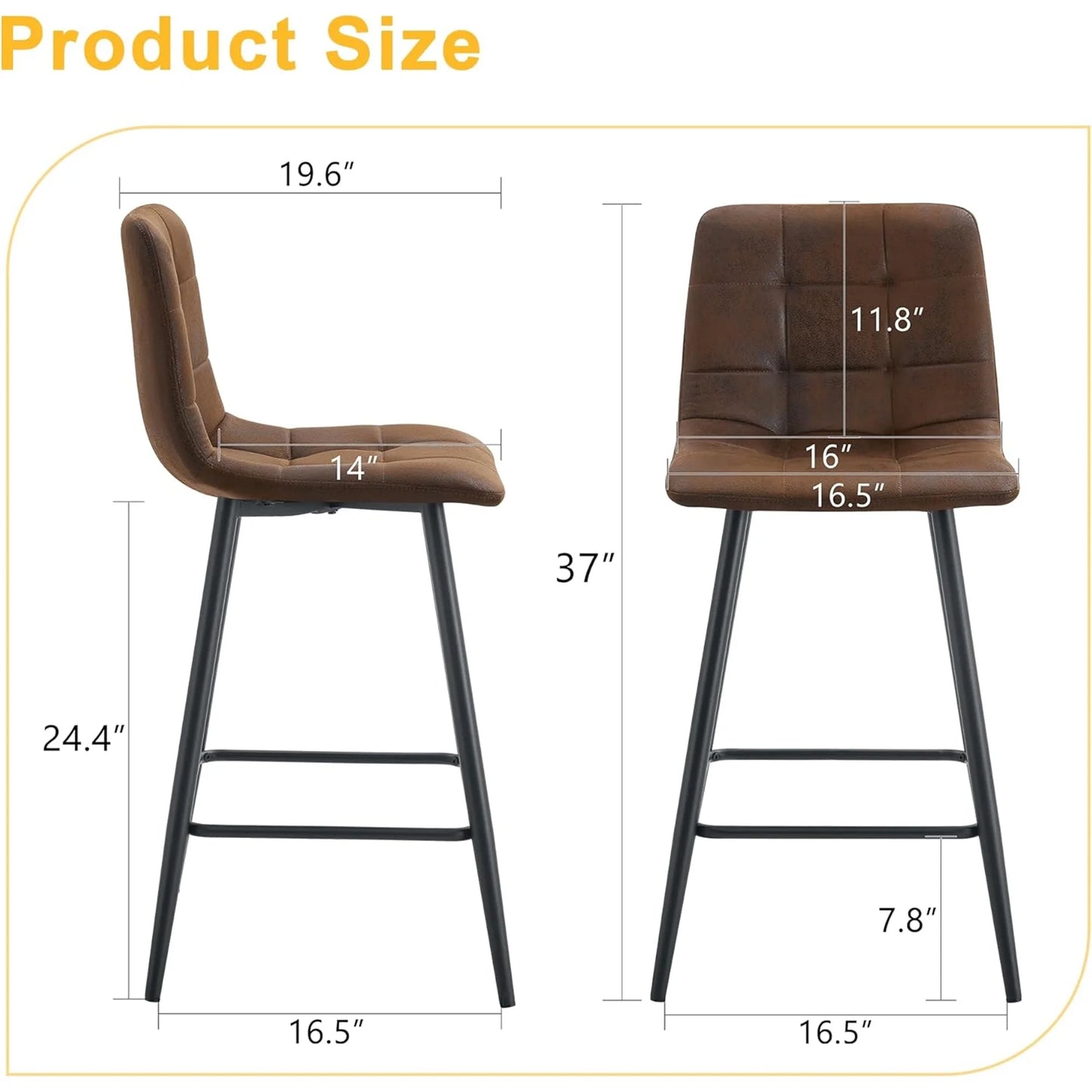 SUDICA 24.4" Counter Height Bar Stools, Brown PU Leather, Metal Legs, Set of 2