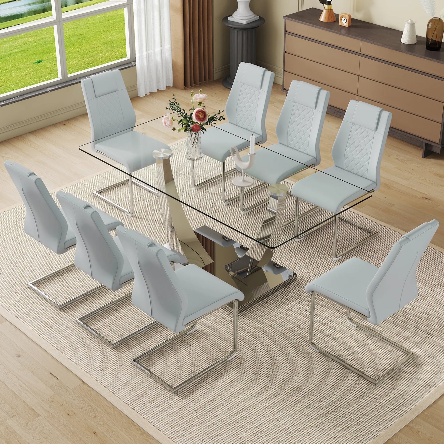 Sudica Upholstered Dining Chairs Set of 8 PU Leather Dining Room Chair with Silver Metal Legs,Light Gray