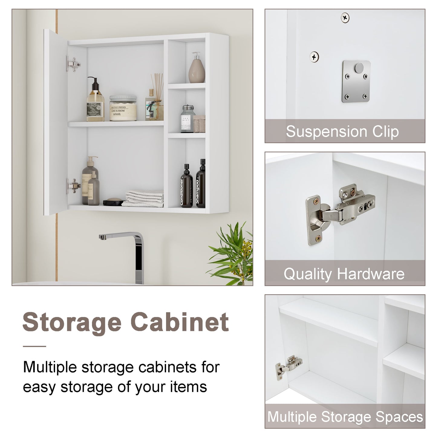 Bathroom Wall Mirror Cabinet, Sudica Medicine Cabinet with Single Door White Storage with Mirrors